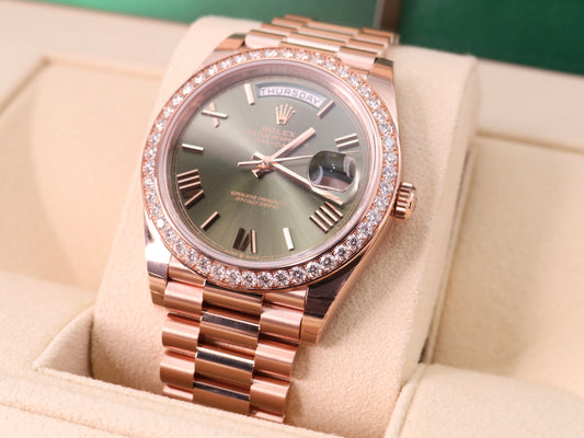 2024 Rolex Day-Date 40 Ref. 228345RBR - Everose Gold, Olive Dial, White Diamond image 0